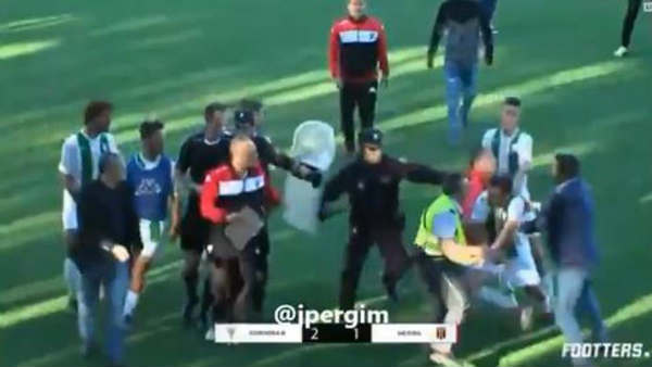 Jugadores del Córdoba B intentando agredir al árbitro. Foto: Captura pantalla. cordoba b agresion arbitro